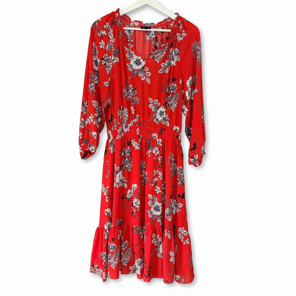 Talbots Red Floral 3/4 Sleeve Fit Flare Dress Women's Medium